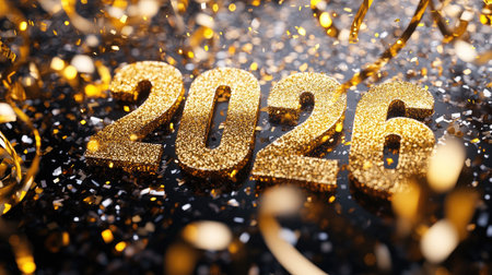 Glittering  numbers placed among golden ribbons and champagne confetti, reflecting celebration and party atmosphere.の素材