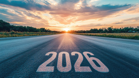 Perspective road shot with glowing  markings on the pavement, stretching toward the horizon with colorful sunset clouds representing new beginnings.の素材