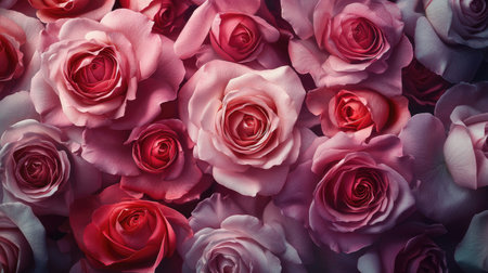 Macro floral composition of overlapping rose blooms, creating a seamless romantic and luxurious background effectの素材
