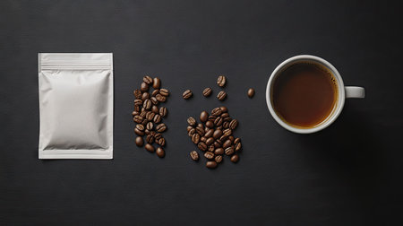 Simple flat lay of a cup, coffee bag, and roasted beans on a black surface, representing modern coffee brewing conceptの素材