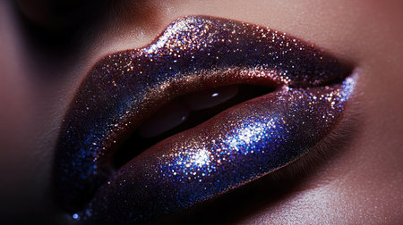 Female lips with shimmering metallic makeup, close-up portrait with dark background for high-fashion glamour styleの素材
