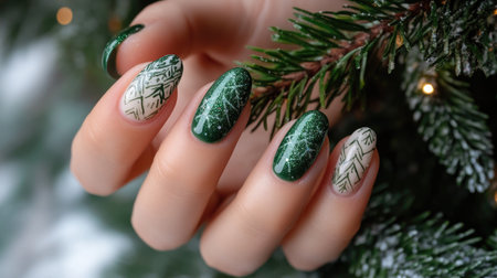 Modern minimalist Christmas gel nails with green and white patterns, subtle glitter, hands near a Christmas tree branch.の素材