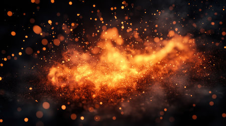 Intense orange flame bursting with sparks and smoke particles, isolated on dark black background for dramatic visualsの素材