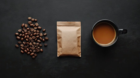Simple flat lay of a cup, coffee bag, and roasted beans on a black surface, representing modern coffee brewing conceptの素材