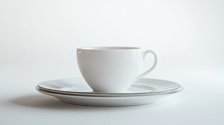 Simple tableware arrangement with white cup on plate, isolated on white background for contemporary and elegant dining conceptの素材