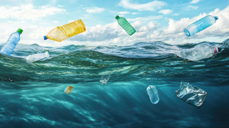 Floating plastic bottles, bags, and food wrappers drifting on ocean waves under daylight, pollution clearly visible to raise environmental awareness.の素材