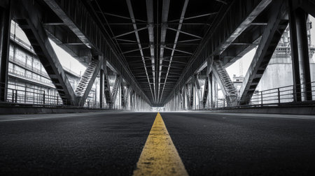 Perspective view of an empty road under a towering steel bridge, converging lines of beams and supports emphasizing depth and architectural strength.の素材