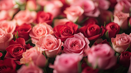 Macro shot of many pink and red roses tightly packed together, capturing soft petals and natural detail for a lush floral backgroundの素材