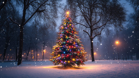 Outdoor Christmas tree covered in vibrant lights and shiny baubles, reflecting winter magic under the starry night sky in a snowy park.の素材