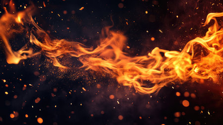 Realistic flame with flying sparks and smoke trails on dark background, showing natural fire motion and textureの素材