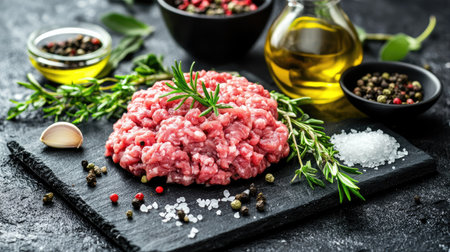 Raw minced beef and pork arranged side by side on a black cutting board with herbs, salt, and olive oil for culinary preparation themeの素材