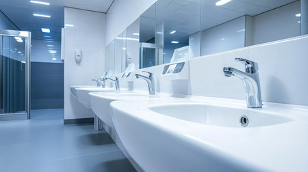 Modern public toilet sinks in a row with soap dispensers and hand dryers, bright and spotless environmentの素材
