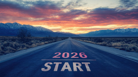 Long empty highway with  START painted on the asphalt, leading toward mountains under a dramatic sunrise sky, symbolizing a fresh New Year journey.の素材