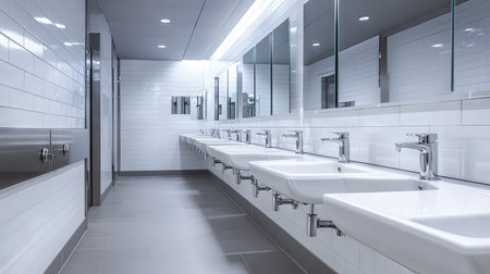 Perspective shot of modern public toilet sinks lined up with mirrors and stainless steel fixtures, emphasizing cleanlinessの素材