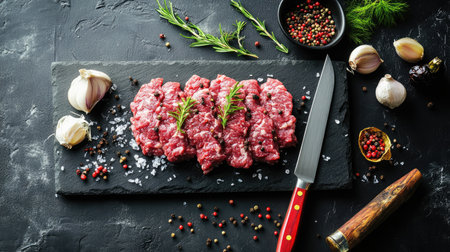 Raw minced beef and pork arranged artistically on dark stone with butcher knife and spices, creating professional food styling lookの素材