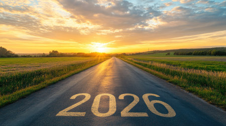 Highway leading through open fields,  painted at the foreground, golden sunrise light symbolizing goals and dreams for the New Year.の素材