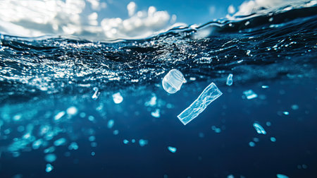 Microplastics and small pieces of plastic floating near the surface of clear blue sea, emphasizing environmental harm and contamination.の素材
