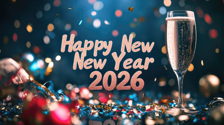 Festive confetti and champagne sparkle around shiny Happy New Year  text on a dark background, reflecting party atmosphere and joy.の素材