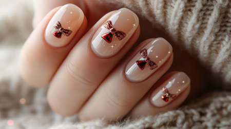 Discover an eye-catching nail art design featuring glittery bows and heart decorations on a beautifully manicured hand against a soft textured background.の素材