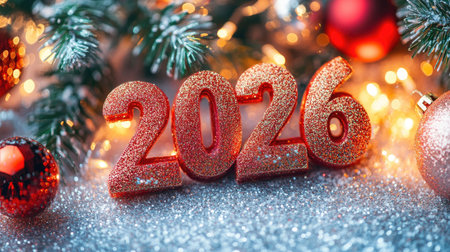 Celebrate the arrival of 2026 with this vibrant and glittery scene featuring sparkling numbers, festive ornaments, and twinkling lights that create a joyous atmosphere.の素材