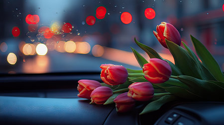 A stunning arrangement of fresh pink tulips sits on a car dashboard, framed by blurred city lights and gentle raindrops on the window, enhancing a romantic atmosphere.の素材