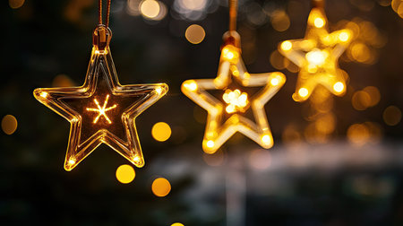 Delight in the beauty of transparent glass stars glowing warmly against a backdrop of soft bokeh lights, creating a dreamy and festive atmosphere for winter celebrations.の素材