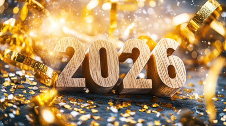 Festive and cheerful image showcasing wooden numbers 2026 surrounded by golden confetti and sparkling lights, ideal for expressing joy and celebration during New Year festivities.の素材
