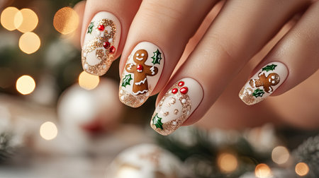 Delight in this festive nail art showcasing a gingerbread man design alongside seasonal decorations, perfect for adding glamour to your holiday celebrations.の素材