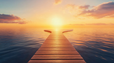 A tranquil wooden dock stretches towards a colorful sunset reflecting on calm waters. The serene landscape invites feelings of peace and relaxation, perfect for escape.の素材