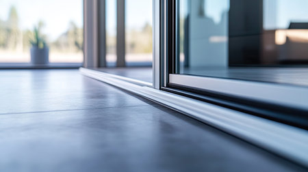 A close-up perspective of a modern sliding door track against a sleek floor, showcasing elegant design in a bright interior space flooded with natural light.の素材