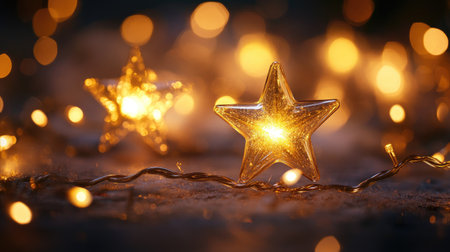 Explore the enchanting beauty of glowing star decorations surrounded by fairy lights, creating a cozy atmosphere perfect for winter celebrations and joyful moments.の素材