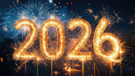 The stunning display of sparkling golden numbers 2026 marks the new year's arrival, surrounded by vibrant fireworks, creating a joyful and festive atmosphere.の素材