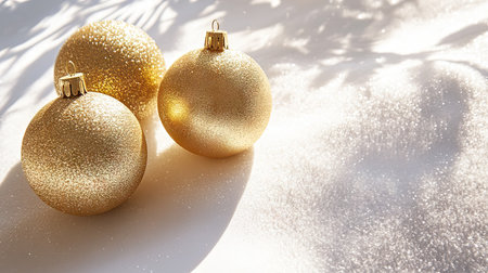 Stunning golden Christmas ornaments create a warm and inviting atmosphere. They sit beautifully on a white surface, capturing the essence of holiday spirit.の素材