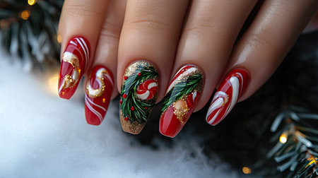 Capture the essence of the holiday season with this stunning nail art featuring a vibrant red base adorned with glitter, greenery, and intricate designs perfect for celebrations.の素材