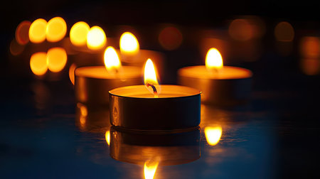 A mesmerizing display of lit candles with flickering flames creates a serene ambiance in a dark environment, perfect for relaxation, meditation, or intimate gatherings.の素材