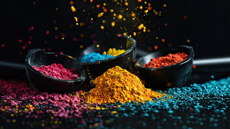 A stunning view of vibrant colored powders in black bowls, beautifully spilled on a black surface, showcasing their rich textures and vivid colors for creative projects.の素材