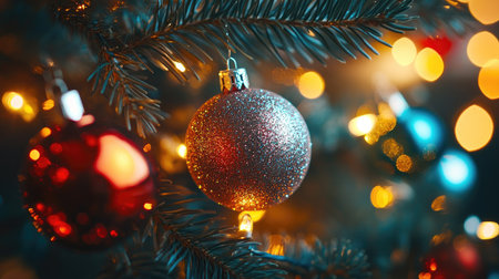 Close-up view of glittering Christmas ornaments on a pine tree, surrounded by soft bokeh lights. This image captures the essence of the holiday spirit and celebration.の素材
