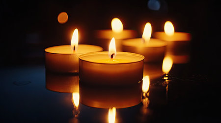 A collection of lit tealight candles casting a warm glow in a dark environment, perfect for creating a serene atmosphere for relaxation and meditation.の素材