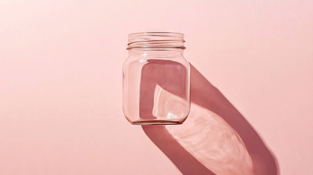 This image features a clear glass jar resting on a soft pink background, creating an elegant and minimalist aesthetic. Ideal for storage or decoration.の素材