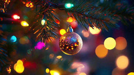 A close-up view of a shimmering Christmas ornament hangs delicately from a pine branch, surrounded by soft-focused, colorful lights, embodying the spirit of the festive season.の素材