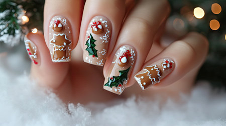 This stunning holiday nail art showcases intricate designs of gingerbread cookies, holly leaves, and red berries, capturing the festive spirit in a beautiful way.の素材