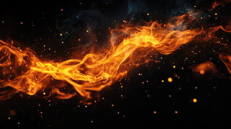 This captivating image showcases vibrant flames gracefully dancing against a dark backdrop. The interplay of fire and glowing sparks creates a mesmerizing visual experience.の素材