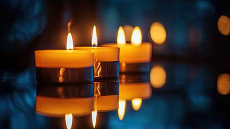 A serene scene of glowing candles casting warm light and reflections, perfect for creating a peaceful ambiance. Ideal for relaxation, meditation, or cozy gatherings.の素材