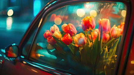 A stunning close-up of colorful tulips arranged in a vintage car window. The background features blurred city lights reflecting off the rain-soaked glass, creating a magical ambiance.の素材