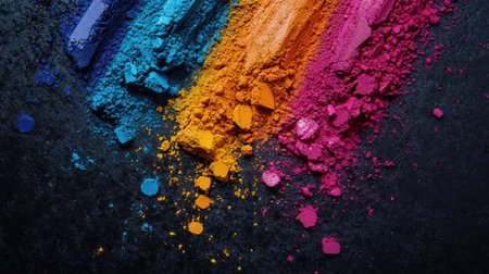 A striking display of colorful powder cascading in a rainbow effect across a dark background, showcasing vibrant hues that evoke creativity and fun art projects.の素材