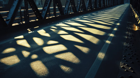 A captivating view of shadows created by a metal bridge structure at dawn. The interplay of light and darkness creates an interesting geometric pattern on the pavement.の素材