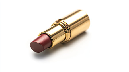 Discover an elegant red lipstick in a luxurious gold tube, perfect for makeup lovers and beauty enthusiasts. Showcase this stunning product in cosmetics photography.の素材