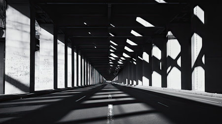 This black and white photograph captures an empty road beneath an urban structure, showcasing intricate shadow patterns and strong geometric lines that evoke a sense of depth.の素材