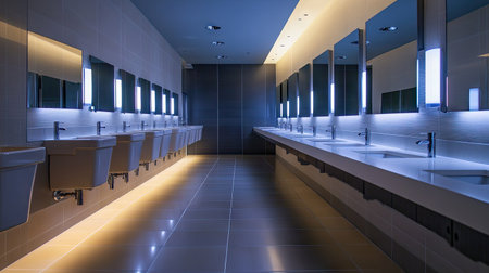 This image presents a modern bathroom interior showcasing a sleek design with bright lighting, urinals, and sinks, emphasizing cleanliness and functionality.の素材
