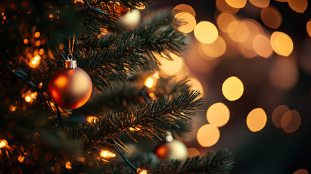 A beautifully decorated Christmas tree with glowing ornaments and soft bokeh lights, creating a cozy and inviting atmosphere for holiday celebrations and joyful moments.の素材